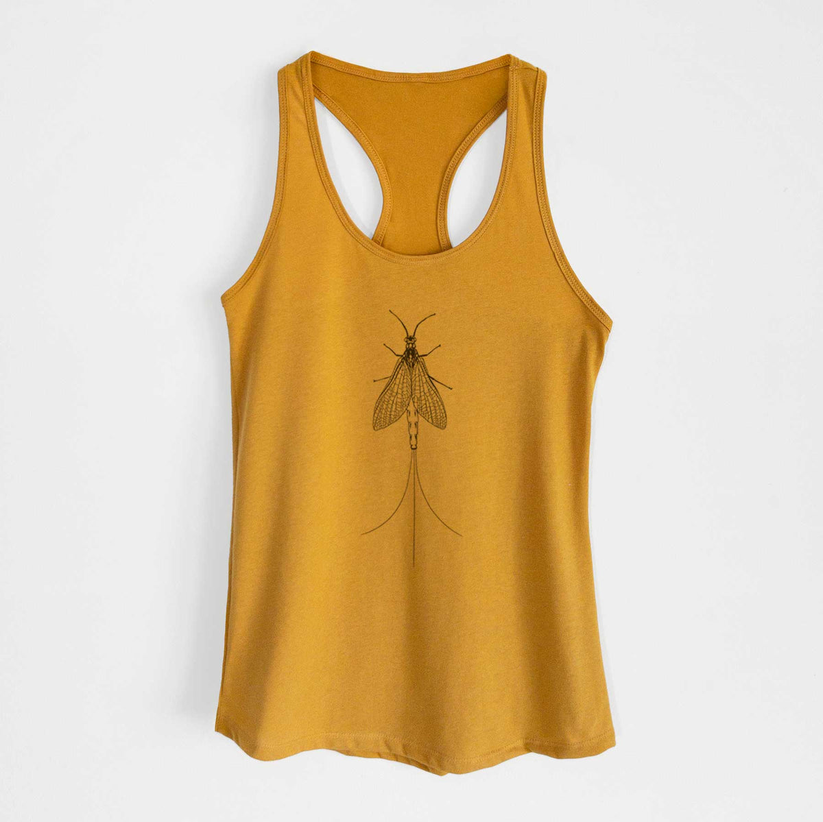 Gold women's racerback tank top laid flat, printed with a detailed black ink illustration of a mayfly with its wings raised and long tail filaments.