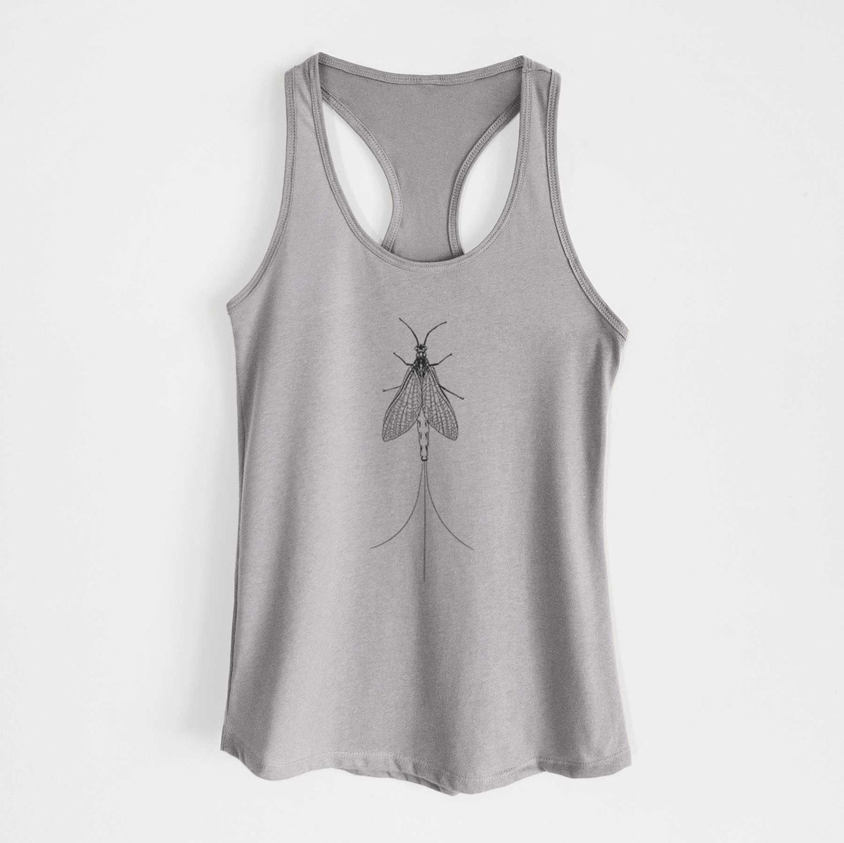 Heather grey women's racerback tank top laid flat, printed with a detailed black ink illustration of a mayfly with its wings raised and long tail filaments.