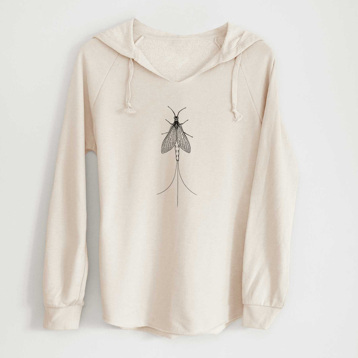 Bone cream women's Cali Wave hooded sweatshirt laid flat, printed with a detailed black ink illustration of a mayfly with its wings raised and long tail filaments.