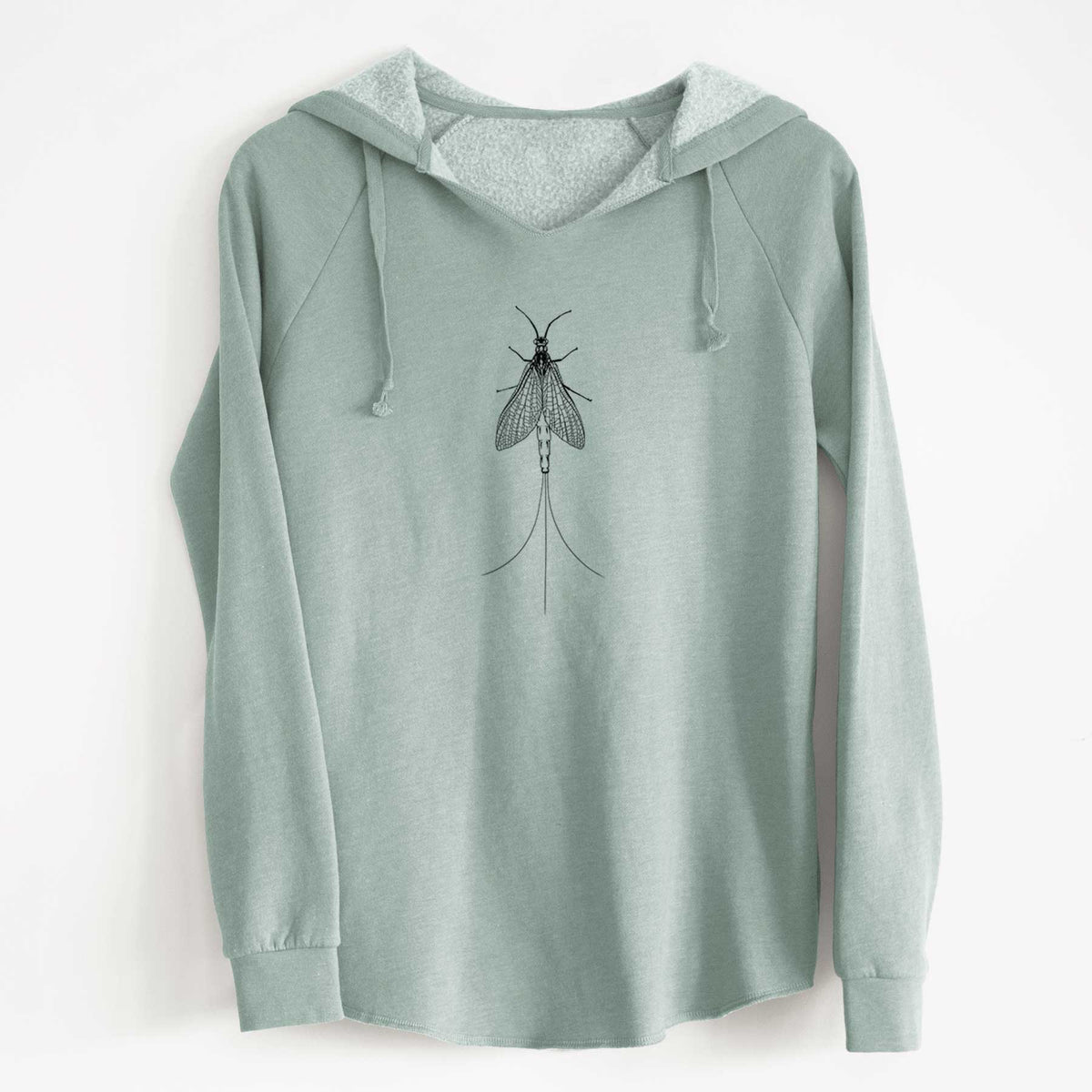 Sage green women's Cali Wave hooded sweatshirt laid flat, printed with a detailed black ink illustration of a mayfly with its wings raised and long tail filaments.