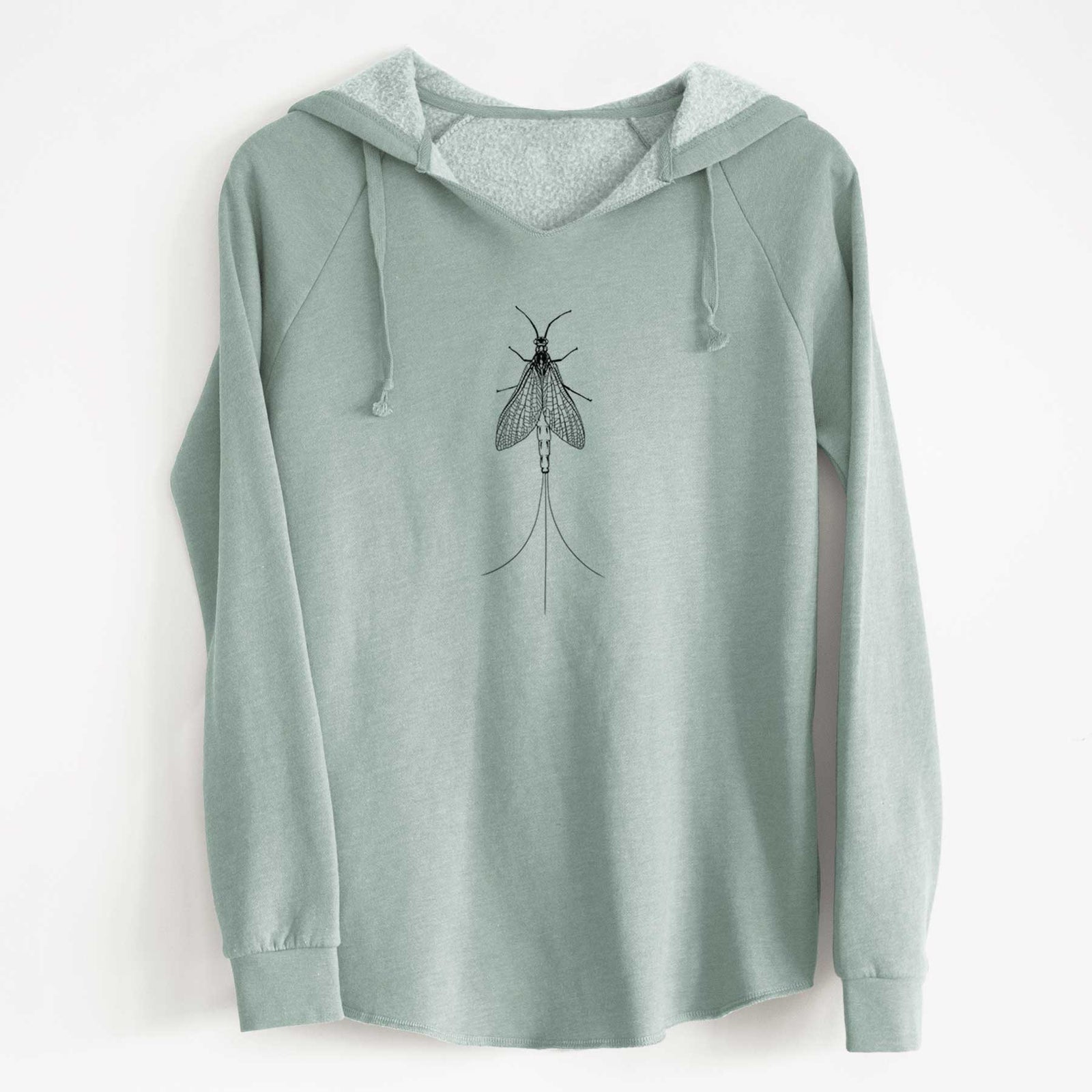 Blush pink women's Cali Wave hooded sweatshirt laid flat, printed with a detailed black ink illustration of a mayfly with its wings raised and long tail filaments.