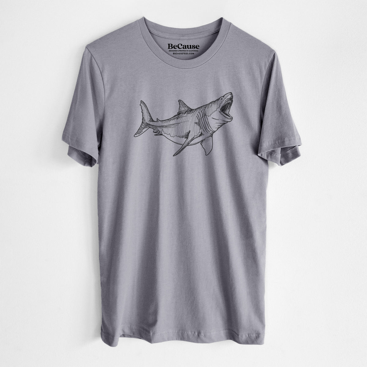 Storm grey lightweight cotton t-shirt laid flat, printed with a black ink illustration of a megalodon shark with its jaws open.