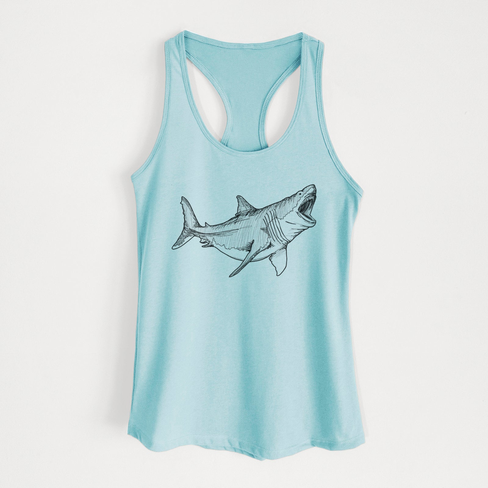 Banana cream women's racerback tank top laid flat, printed with a black ink illustration of a megalodon shark with its jaws open.