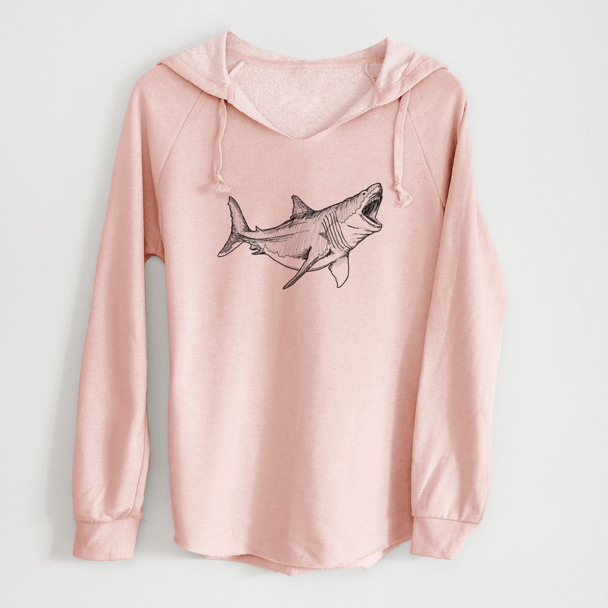 Blush pink women's Cali Wave hooded sweatshirt laid flat, printed with a black ink illustration of a megalodon shark with its jaws open.