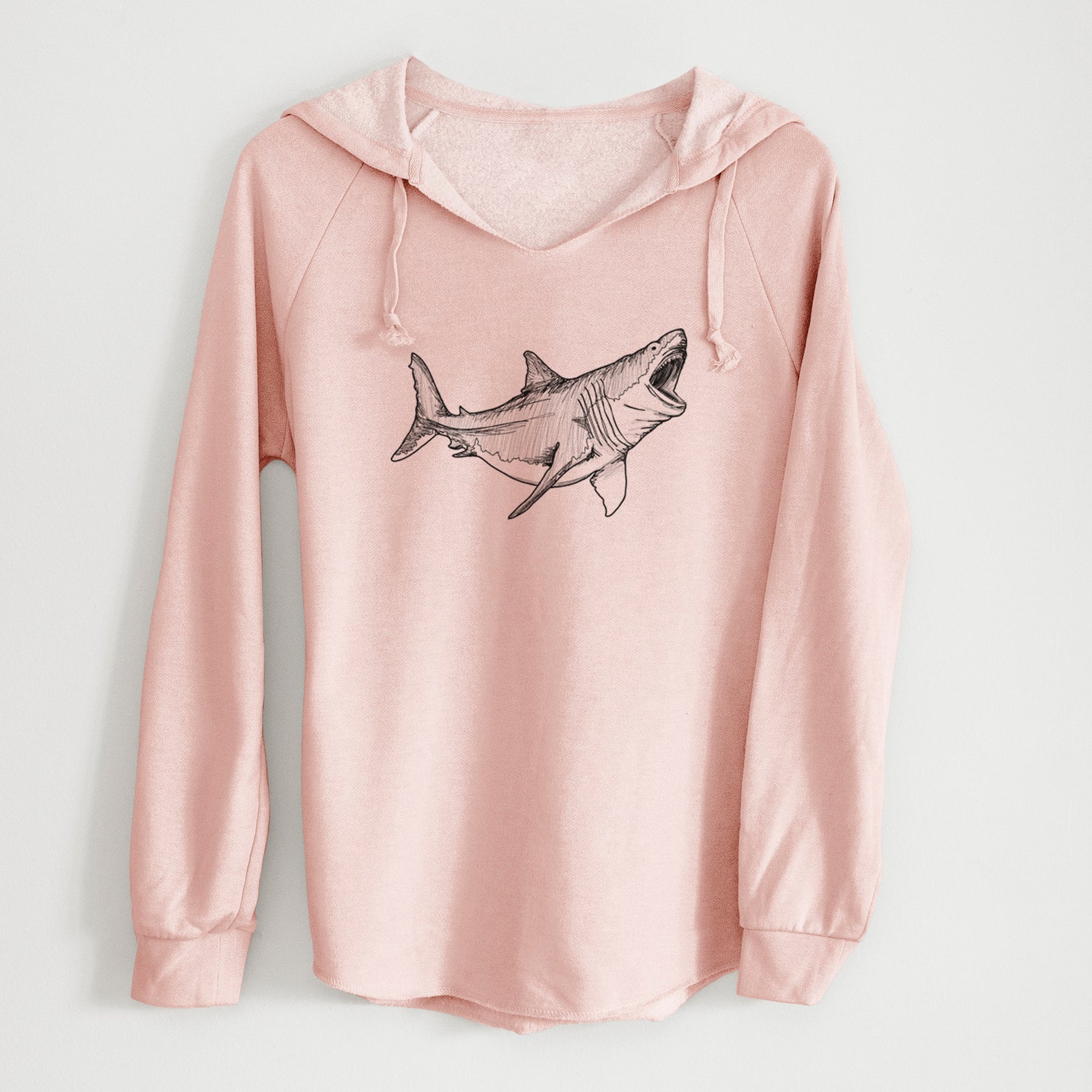 Sage green women's Cali Wave hooded sweatshirt laid flat, printed with a black ink illustration of a megalodon shark with its jaws open.