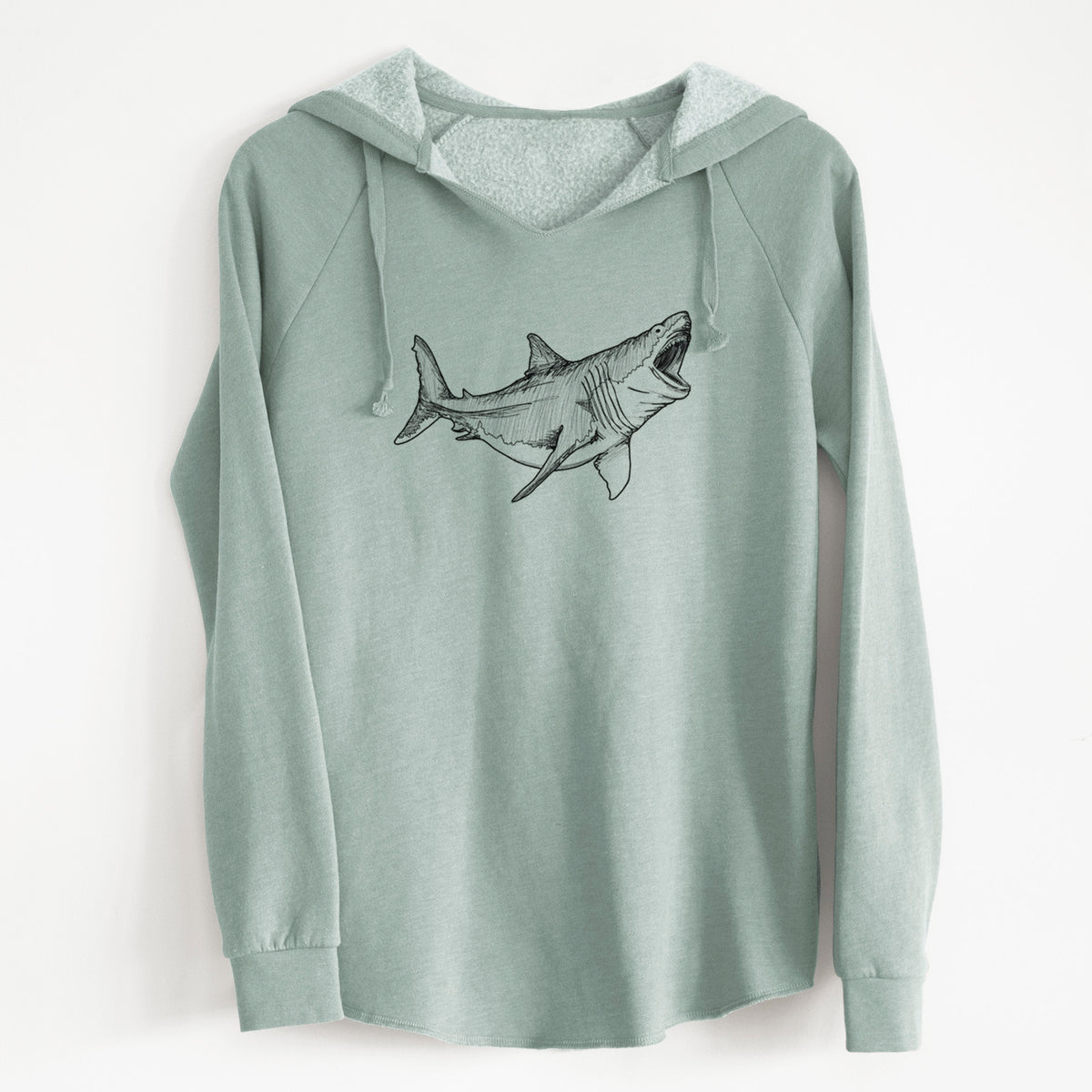 Sage green women's Cali Wave hooded sweatshirt laid flat, printed with a black ink illustration of a megalodon shark with its jaws open.