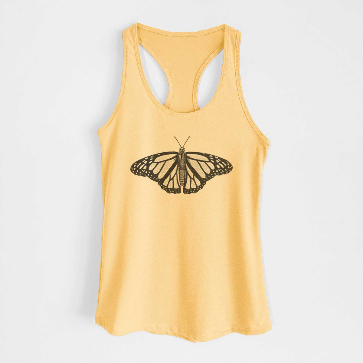 Banana cream women's racerback tank top laid flat, printed with a detailed black ink illustration of a monarch butterfly with its wings spread.