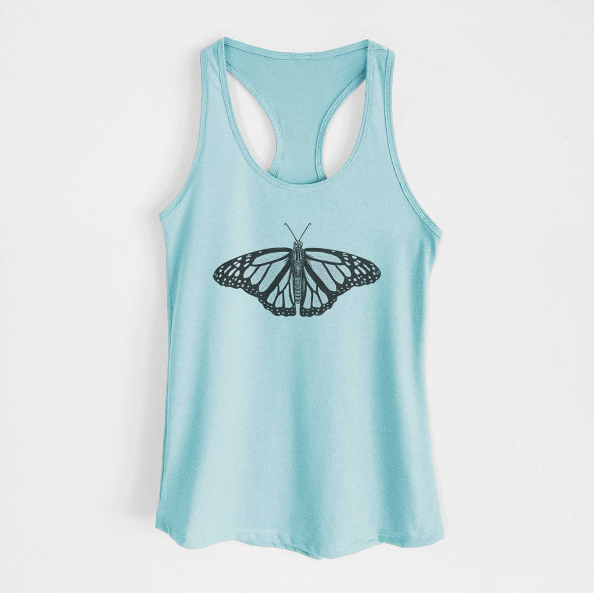 Cancun blue women's racerback tank top laid flat, printed with a detailed black ink illustration of a monarch butterfly with its wings spread.
