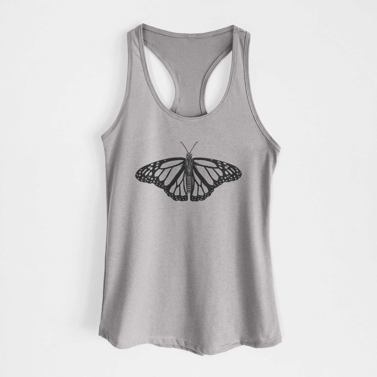 Heather grey women's racerback tank top laid flat, printed with a detailed black ink illustration of a monarch butterfly with its wings spread.