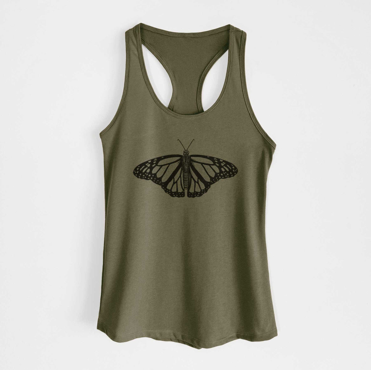 Military green women's racerback tank top laid flat, printed with a detailed black ink illustration of a monarch butterfly with its wings spread.