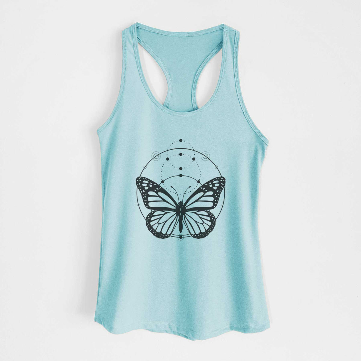 Cancun blue women's racerback tank top laid flat, printed with a black ink monarch butterfly inside a circle, beneath a line of moon phases.