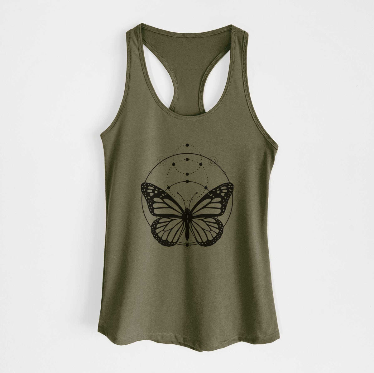Military green women's racerback tank top laid flat, printed with a black ink monarch butterfly inside a circle, beneath a line of moon phases.