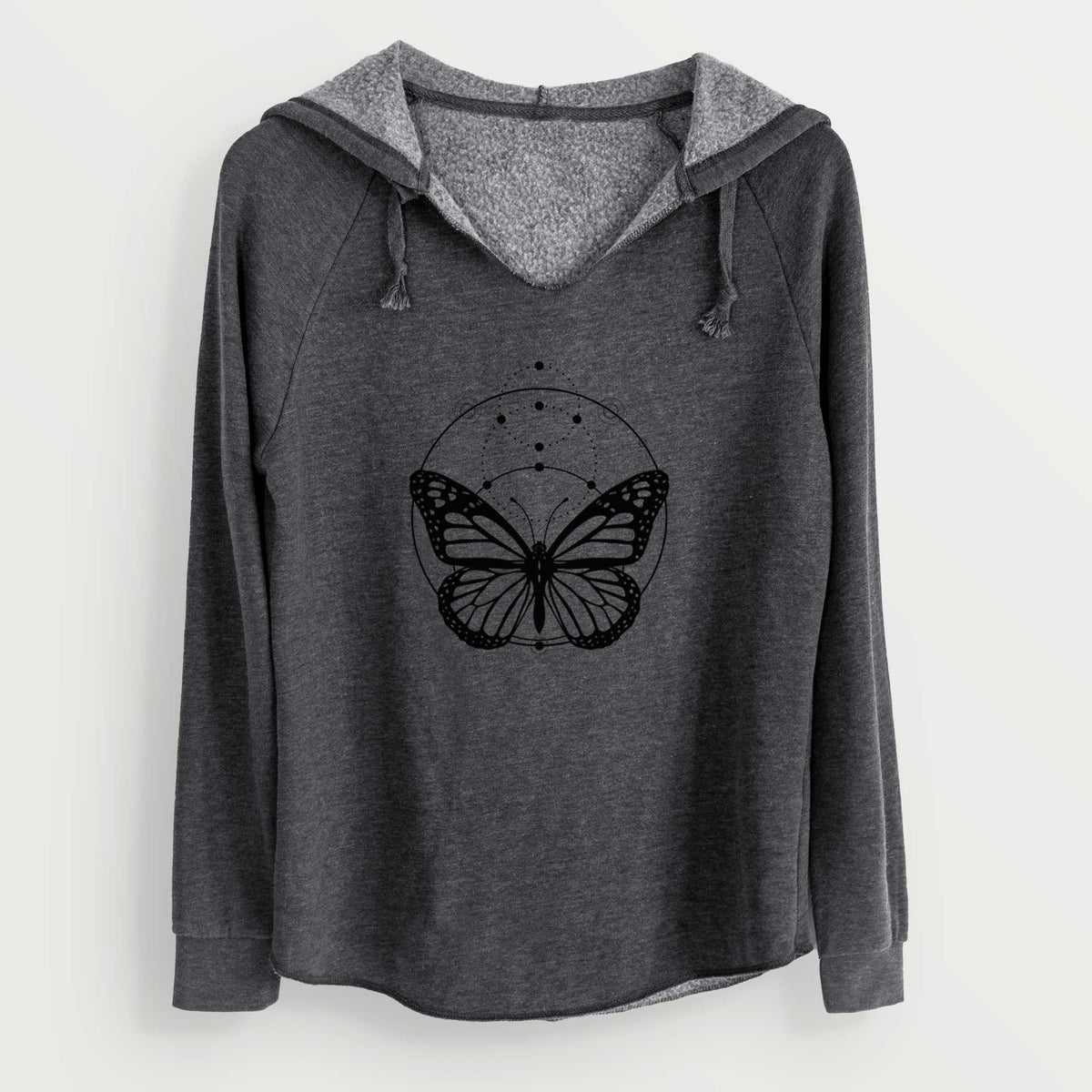 Charcoal grey women's Cali Wave hooded sweatshirt laid flat, printed with a black ink monarch butterfly inside a circle, beneath a line of moon phases.
