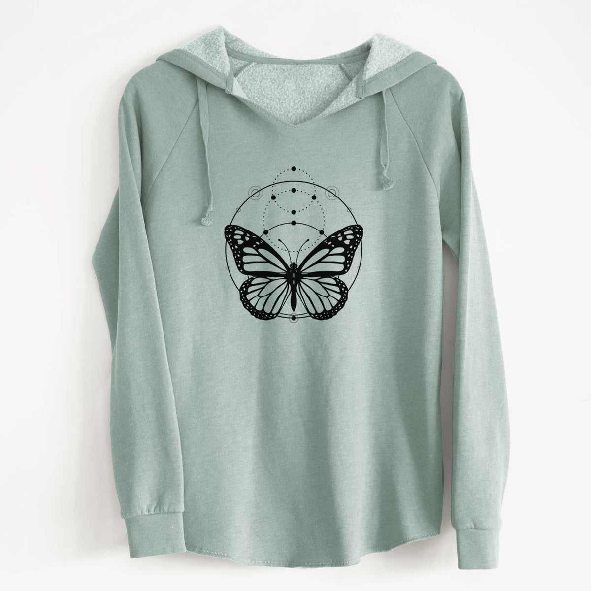 Sage green women's Cali Wave hooded sweatshirt laid flat, printed with a black ink monarch butterfly inside a circle, beneath a line of moon phases.