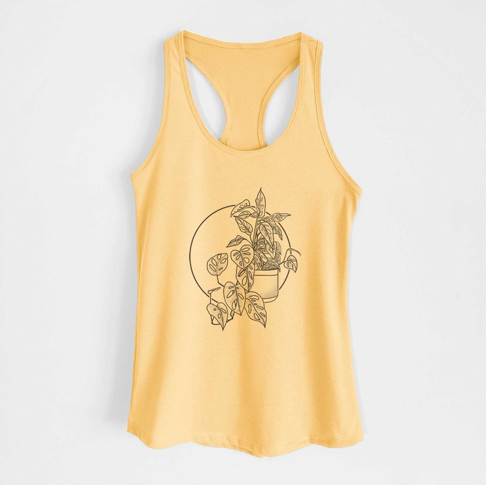 Banana cream women's racerback tank top laid flat, printed with a black ink illustration of a potted Monsteradansonii plant with trailing vines in front of a circle.