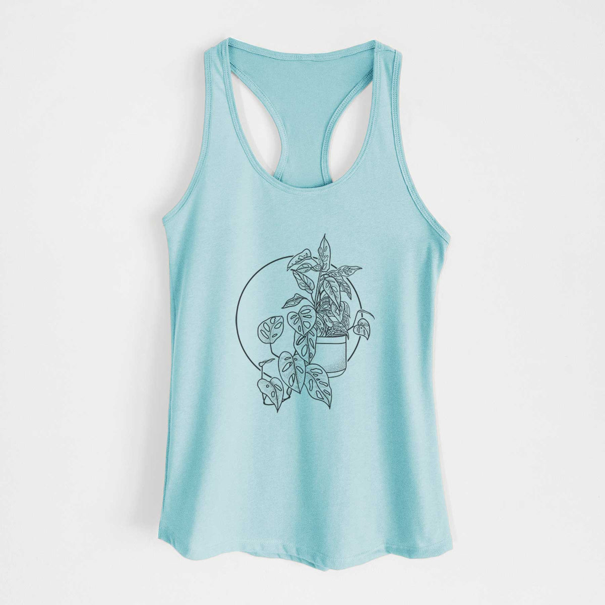 Cancun blue women's racerback tank top laid flat, printed with a black ink illustration of a potted Monsteradansonii plant with trailing vines in front of a circle.