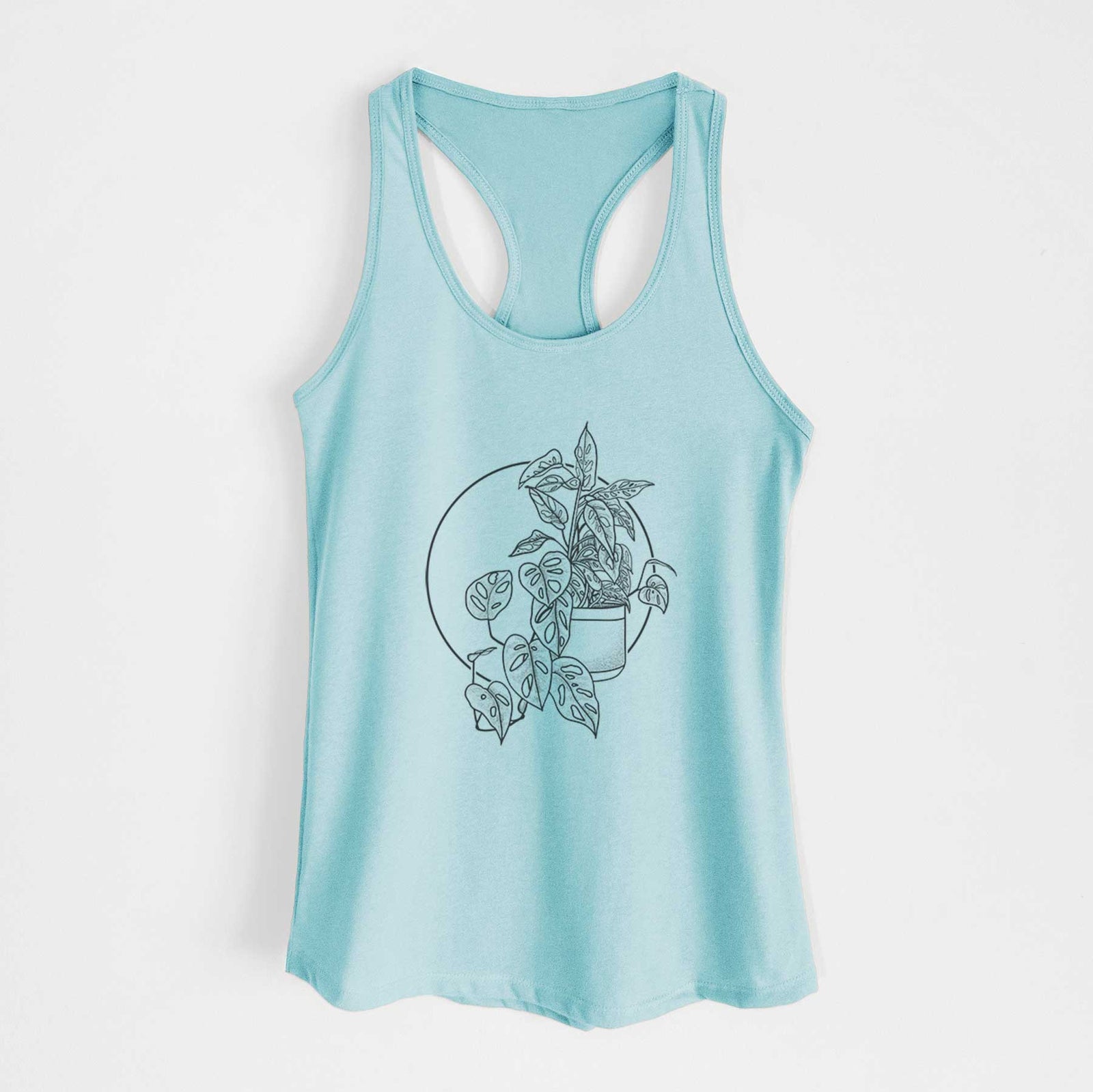 Banana cream women's racerback tank top laid flat, printed with a black ink illustration of a potted Monsteradansonii plant with trailing vines in front of a circle.