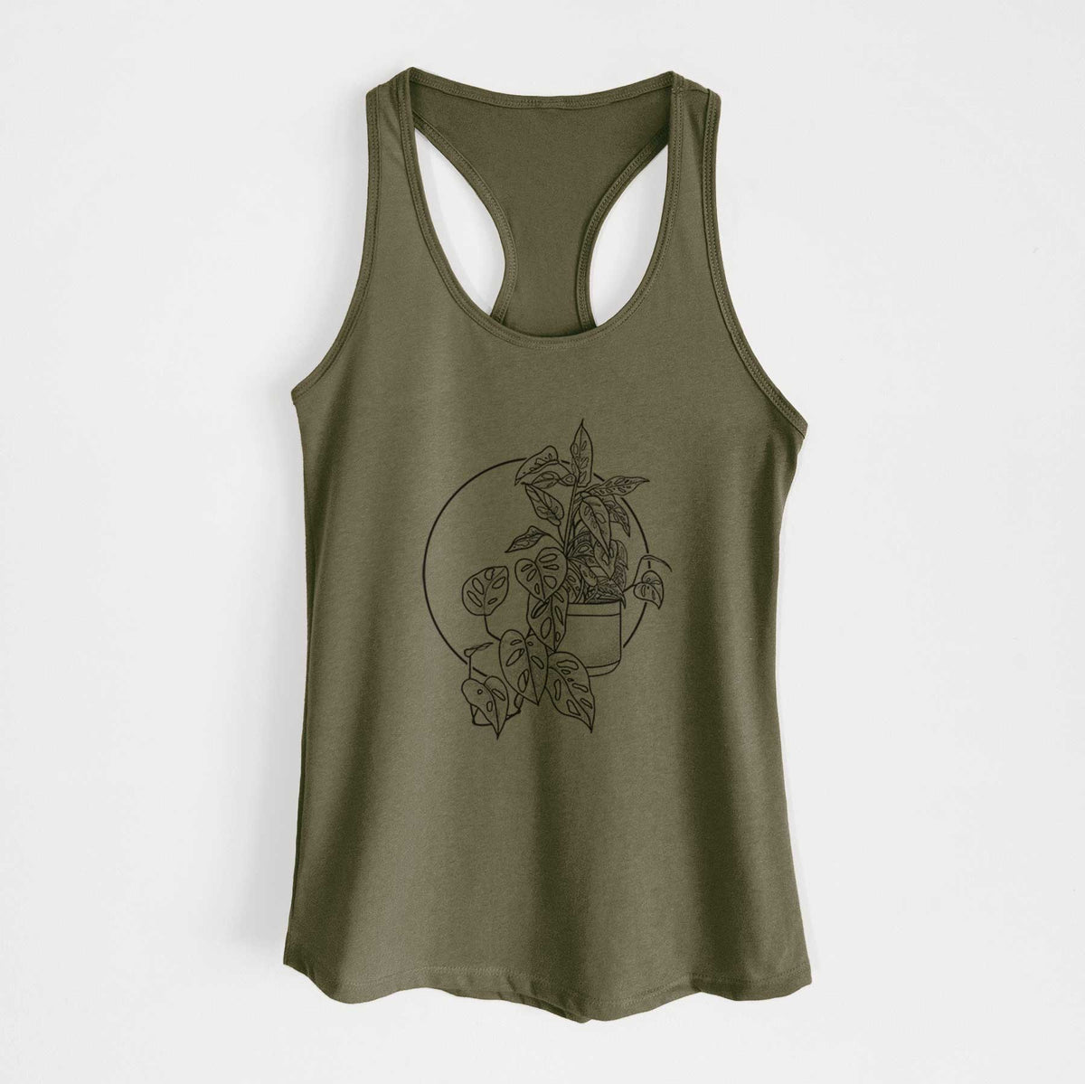 Military green women's racerback tank top laid flat, printed with a black ink illustration of a potted Monsteradansonii plant with trailing vines in front of a circle.