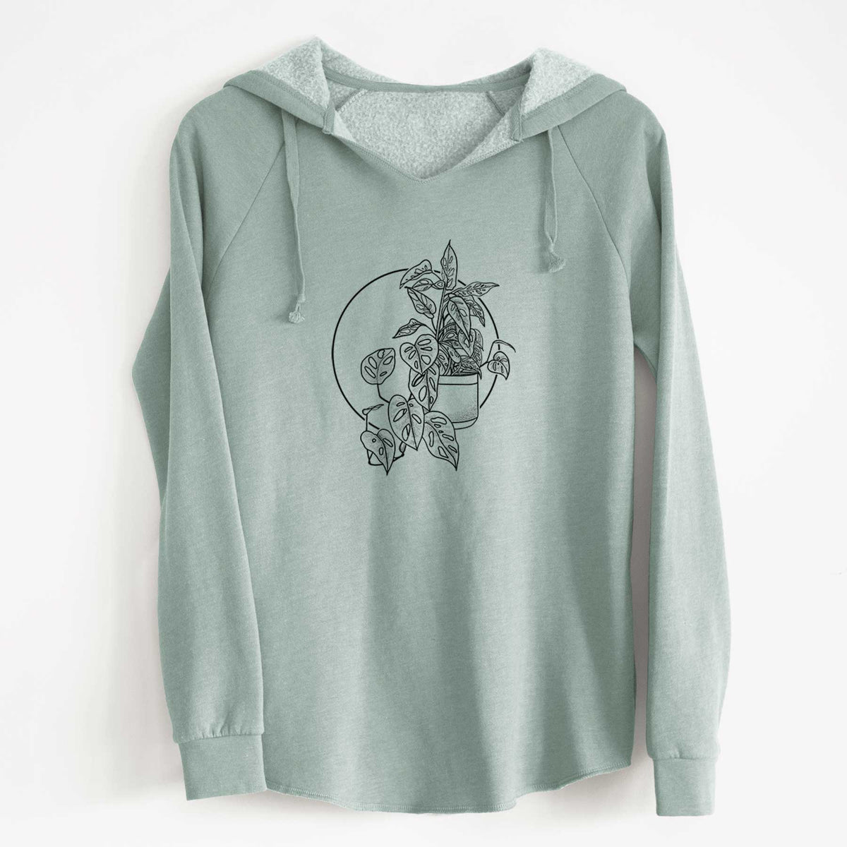 Sage green women's Cali Wave hooded sweatshirt laid flat, printed with a black ink illustration of a potted Monsteradansonii plant with trailing vines in front of a circle.