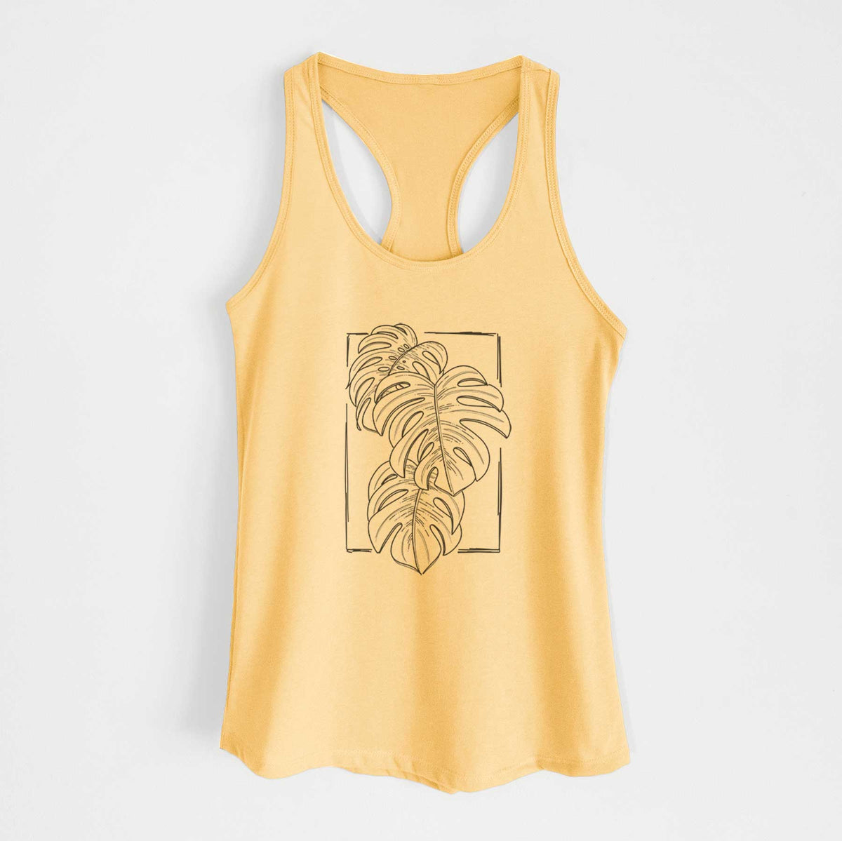 Banana cream women's racerback tank top laid flat, printed with a black ink line drawing of Monstera deliciosa leaves inside a rectangle outline.