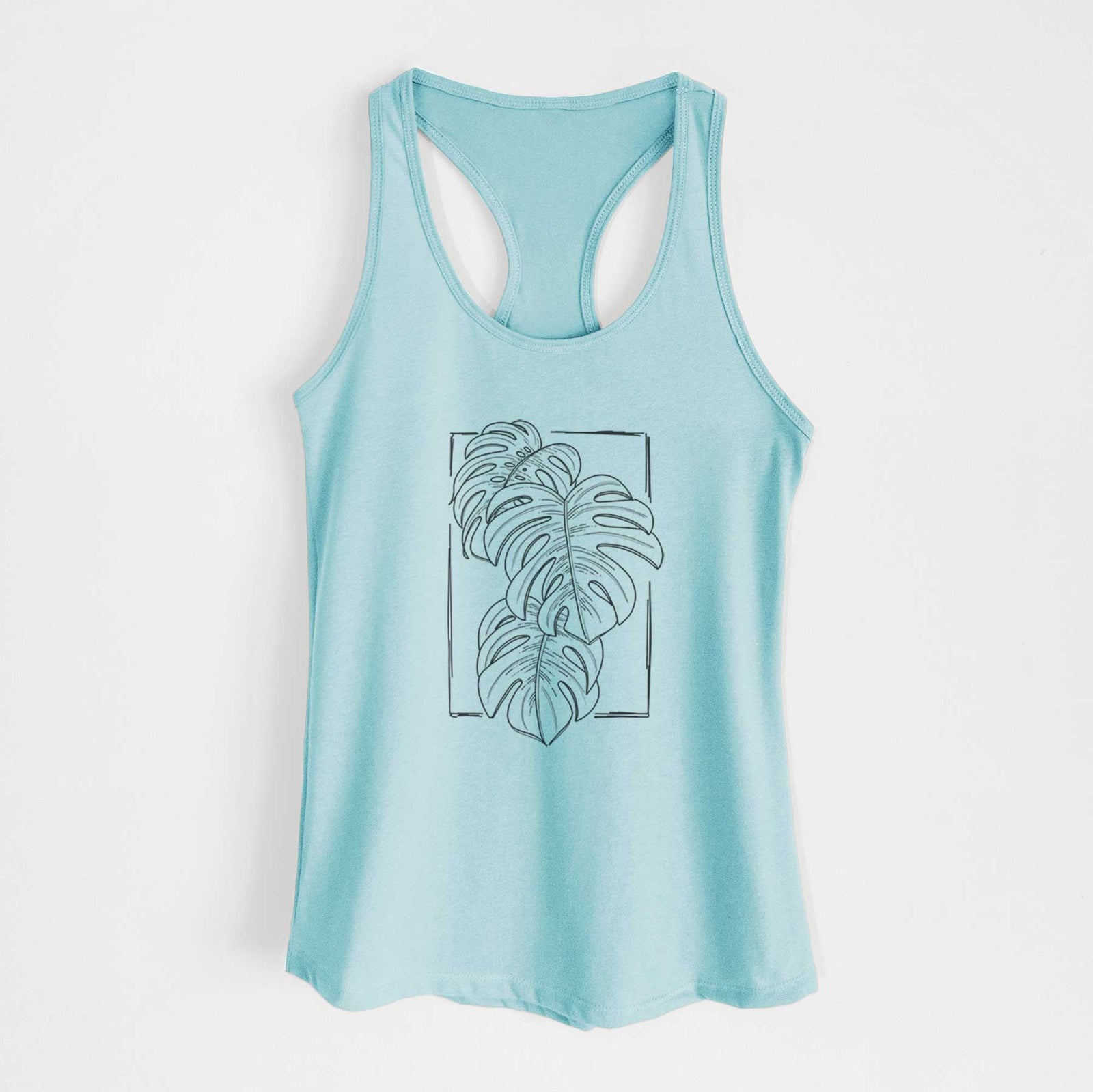 Banana cream women's racerback tank top laid flat, printed with a black ink line drawing of Monstera deliciosa leaves inside a rectangle outline.