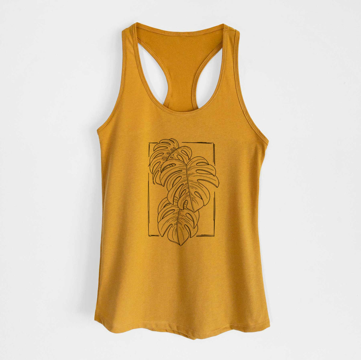Gold women's racerback tank top laid flat, printed with a black ink line drawing of Monstera deliciosa leaves inside a rectangle outline.