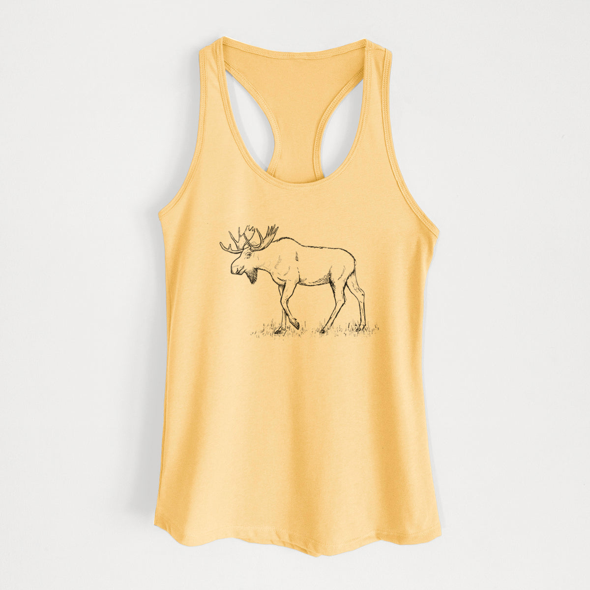 Banana cream women's racerback tank top laid flat, printed with a black ink illustration of a bull moose with broad antlers walking.