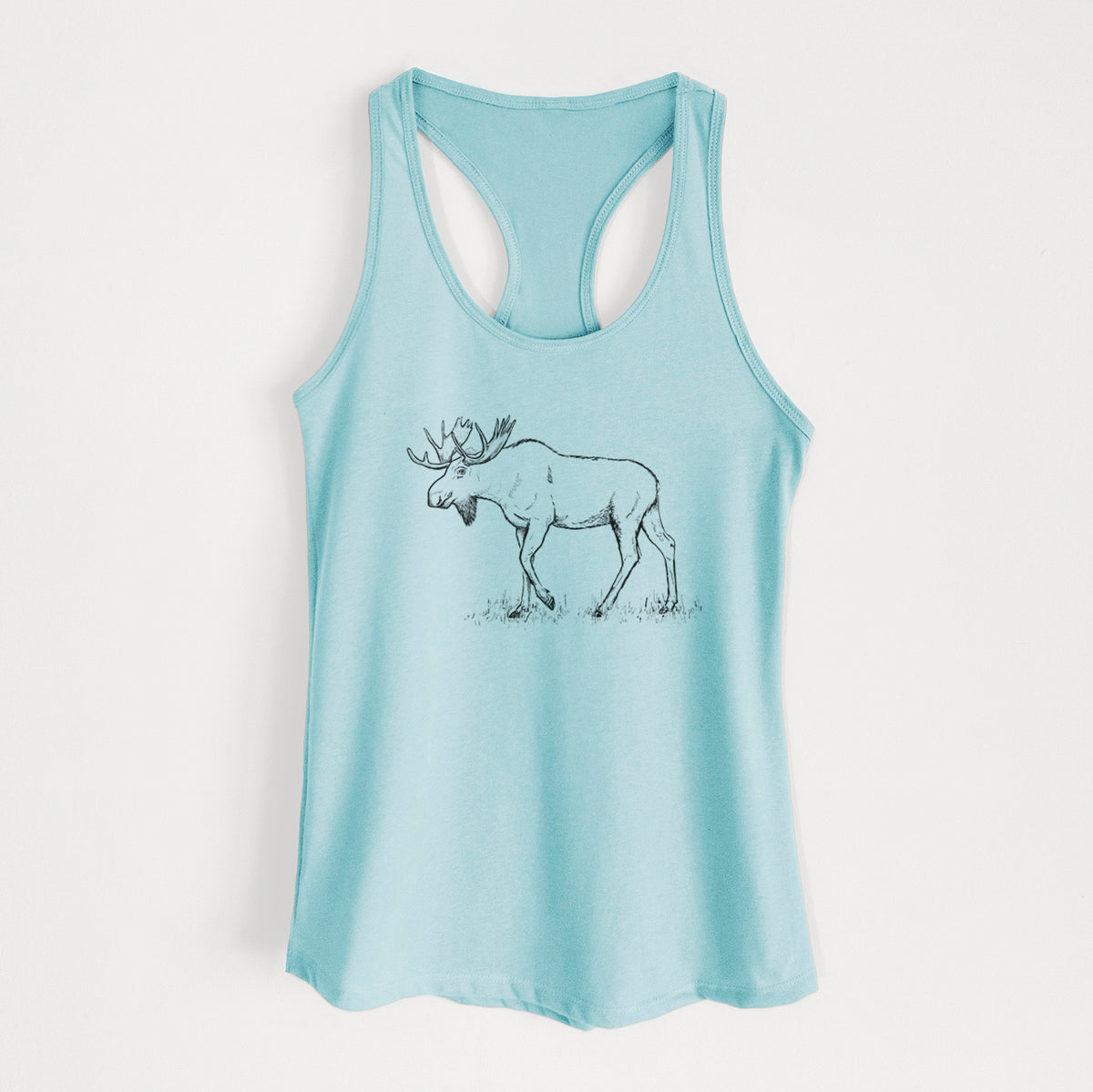 Cancun blue women's racerback tank top laid flat, printed with a black ink illustration of a bull moose with broad antlers walking.