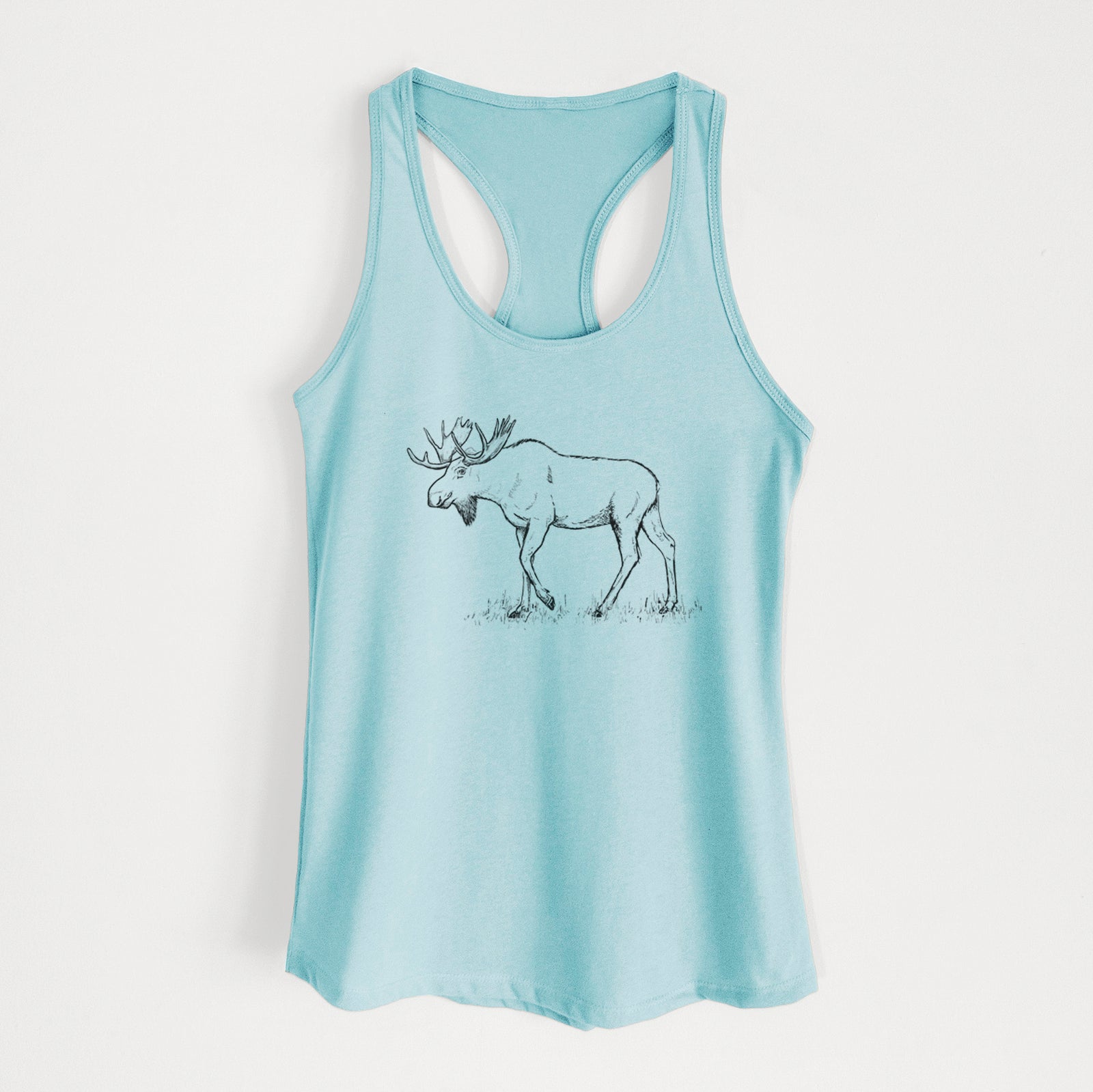 Banana cream women's racerback tank top laid flat, printed with a black ink illustration of a bull moose with broad antlers walking.