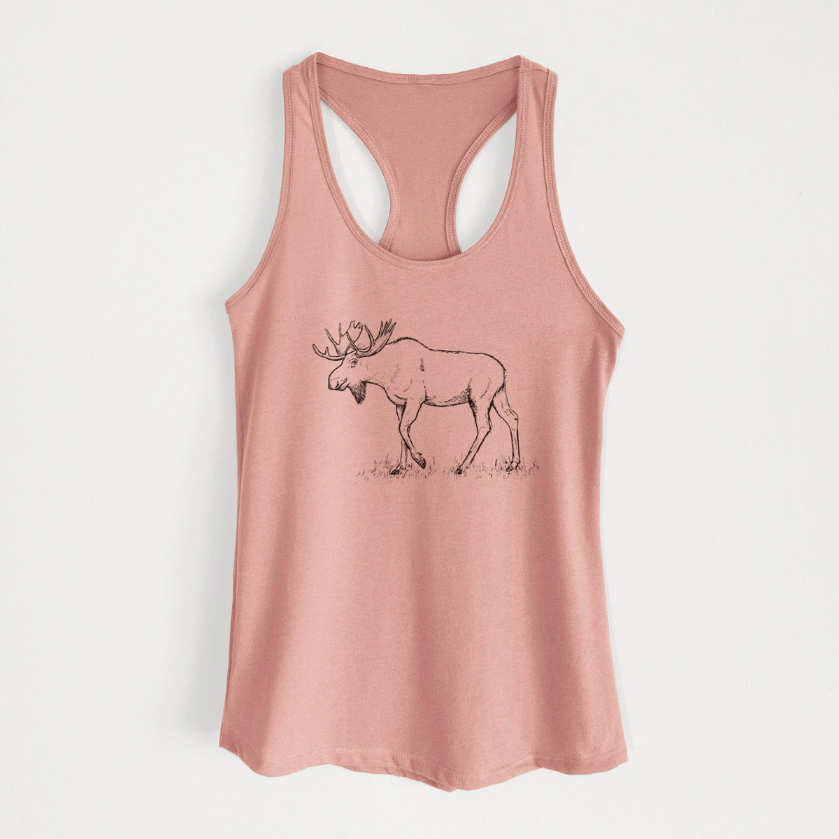 Desert pink women's racerback tank top laid flat, printed with a black ink illustration of a bull moose with broad antlers walking.