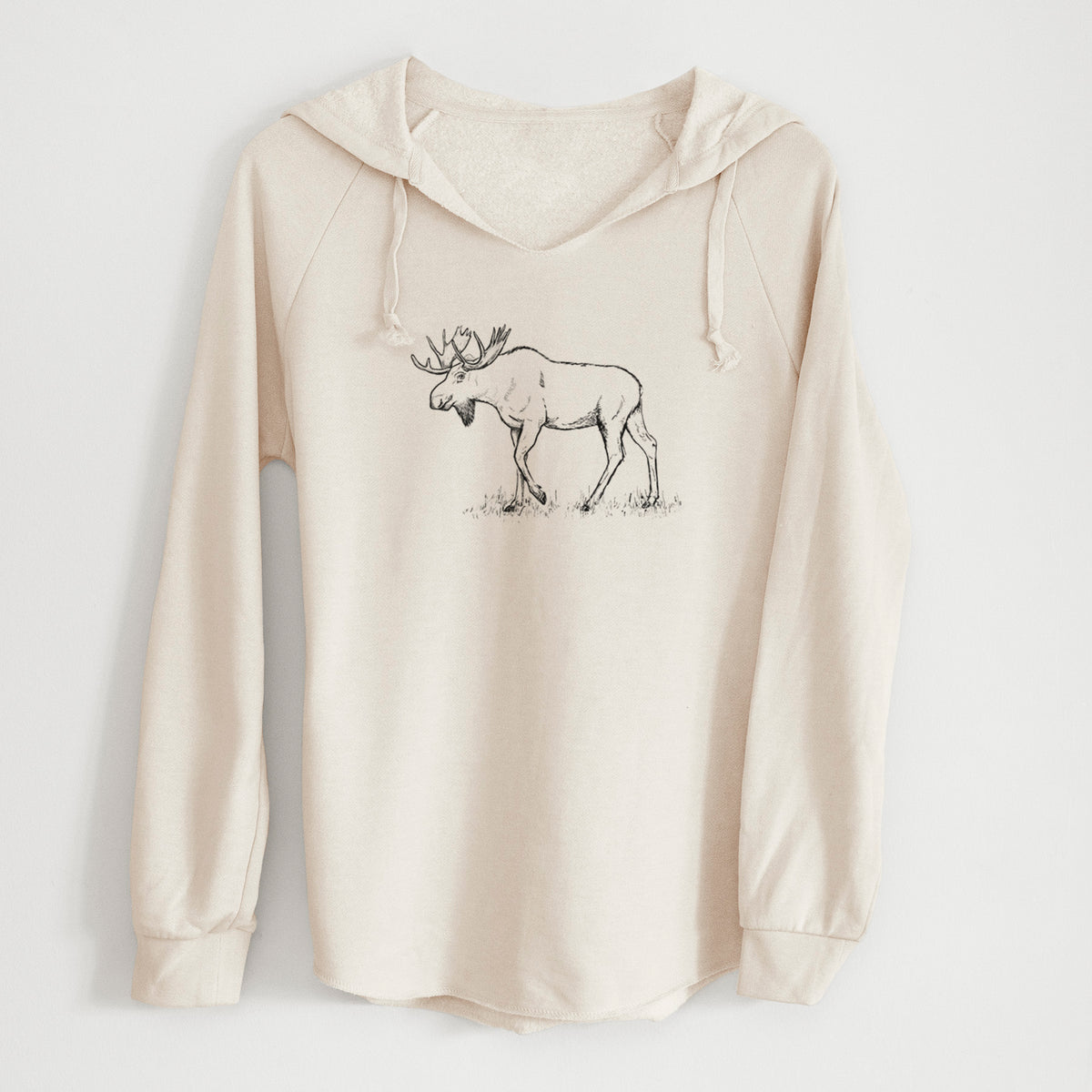 Bone cream women's Cali Wave hooded sweatshirt laid flat, printed with a black ink illustration of a bull moose with broad antlers walking.
