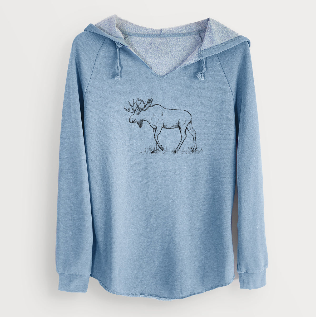 Misty blue women's Cali Wave hooded sweatshirt laid flat, printed with a black ink illustration of a bull moose with broad antlers walking.