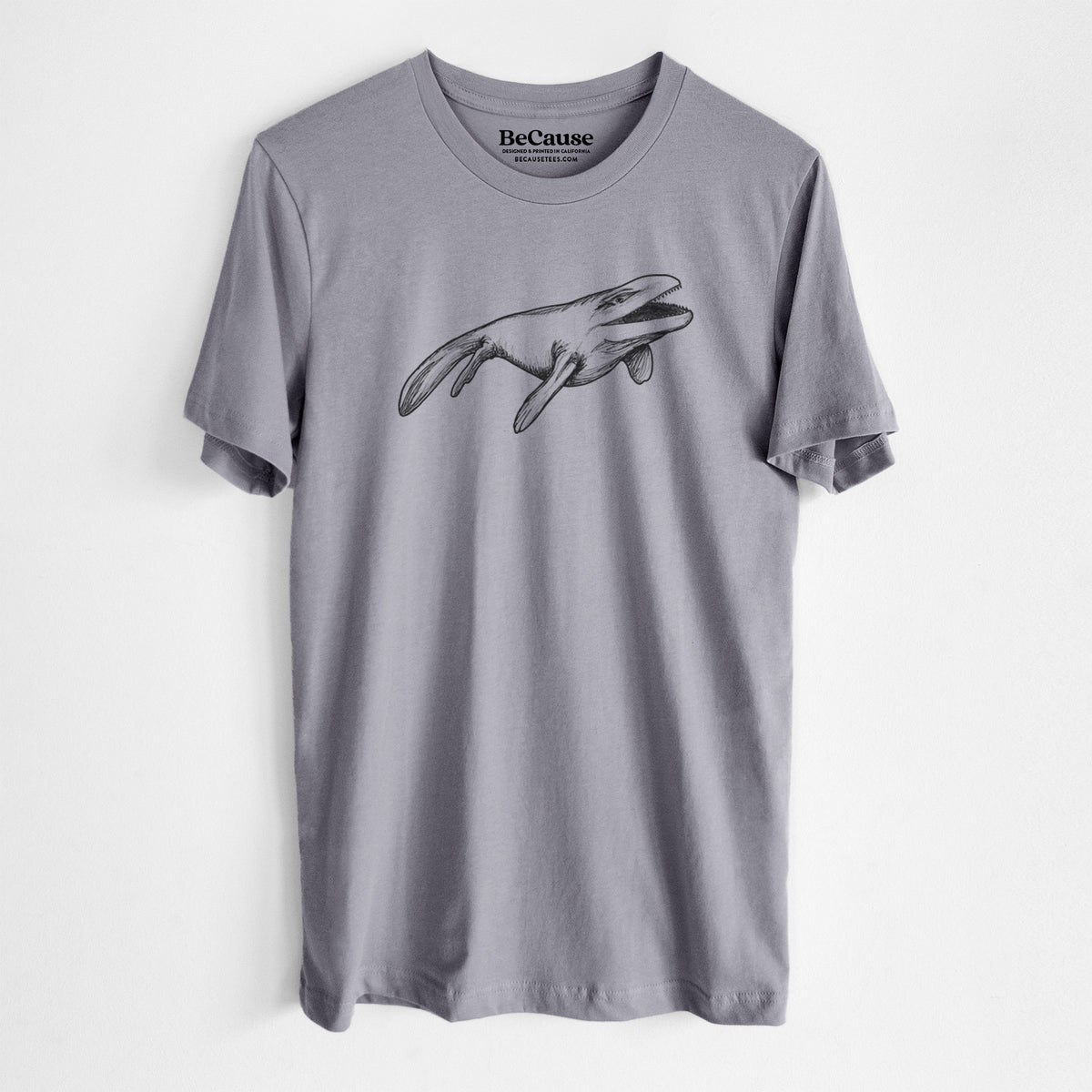 Storm grey lightweight cotton t-shirt laid flat, printed with a black ink illustration of a Mosasaur swimming.