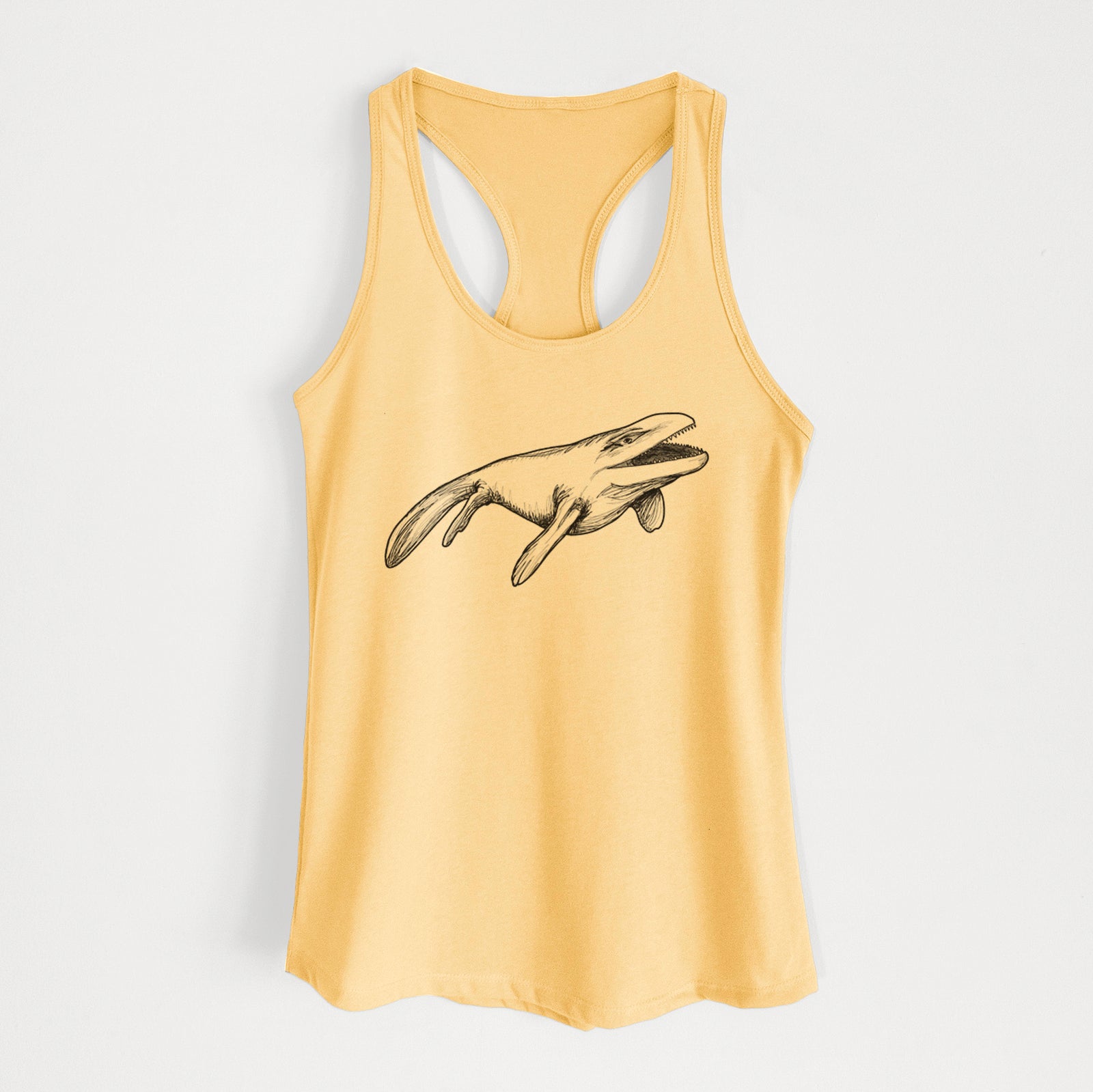 Banana cream women's racerback tank top laid flat, printed with a black ink illustration of a Mosasaur swimming.