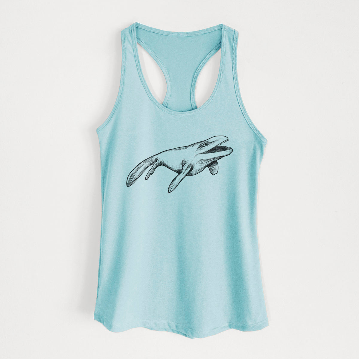 Cancun blue women's racerback tank top laid flat, printed with a black ink illustration of a Mosasaur swimming.