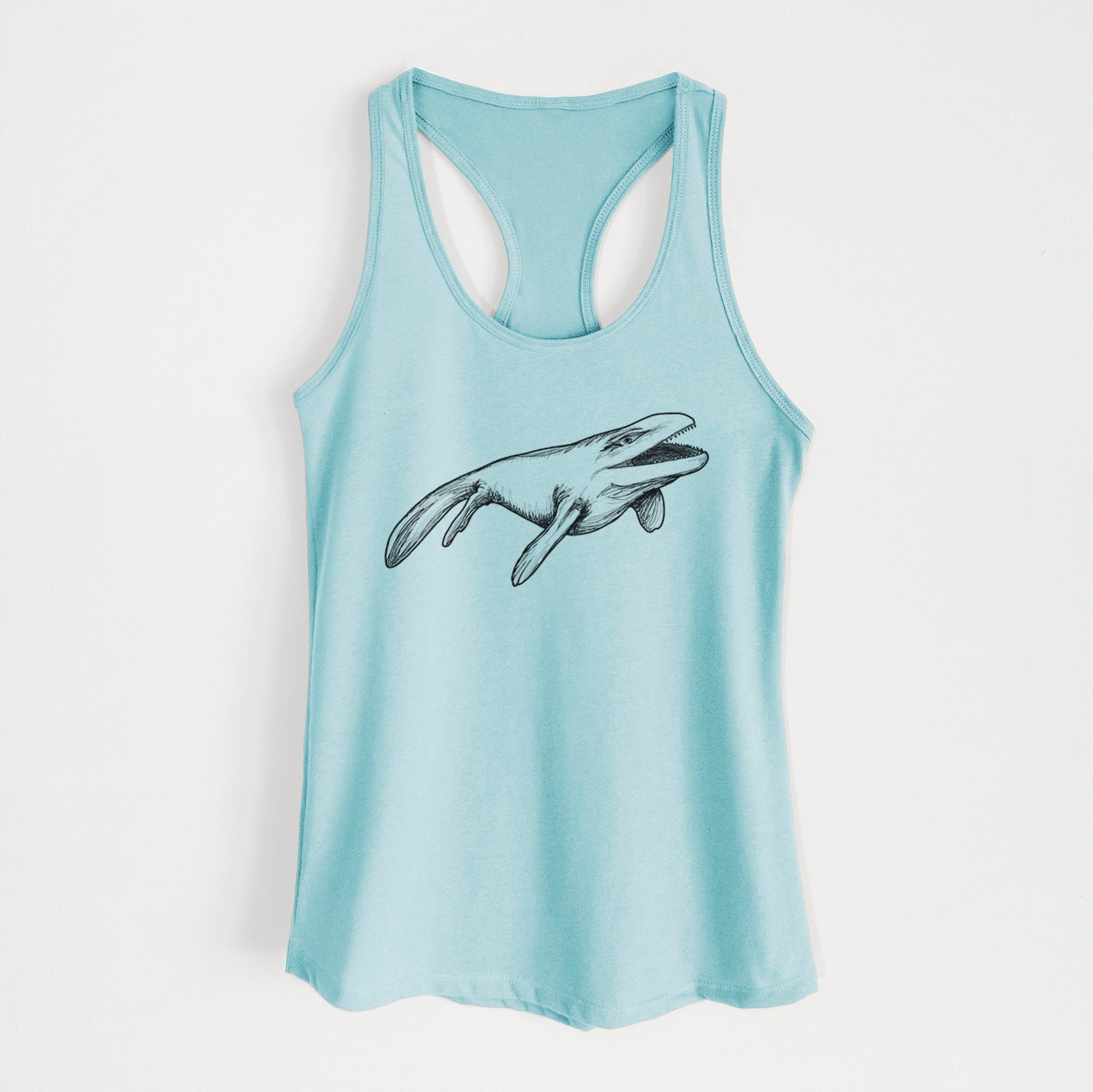 Banana cream women's racerback tank top laid flat, printed with a black ink illustration of a Mosasaur swimming.