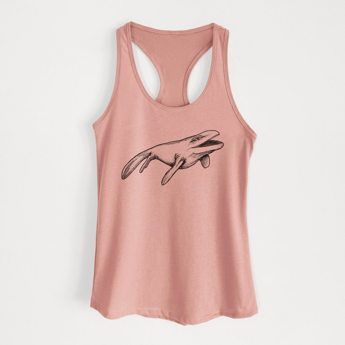 Desert pink women's racerback tank top laid flat, printed with a black ink illustration of a Mosasaur swimming.