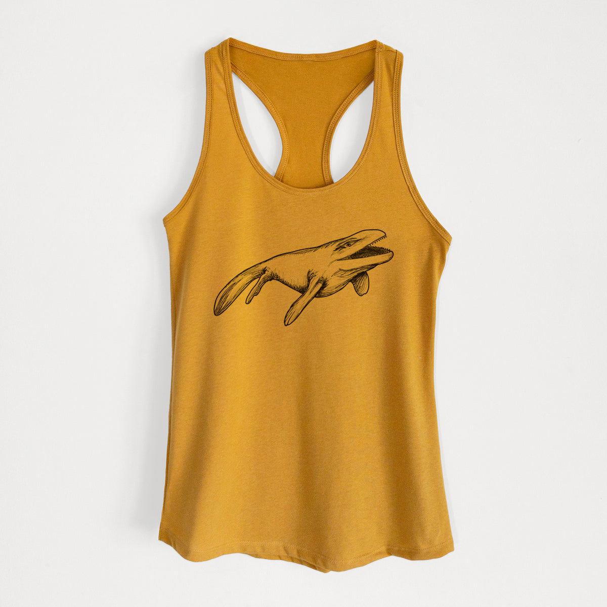 Gold women's racerback tank top laid flat, printed with a black ink illustration of a Mosasaur swimming.