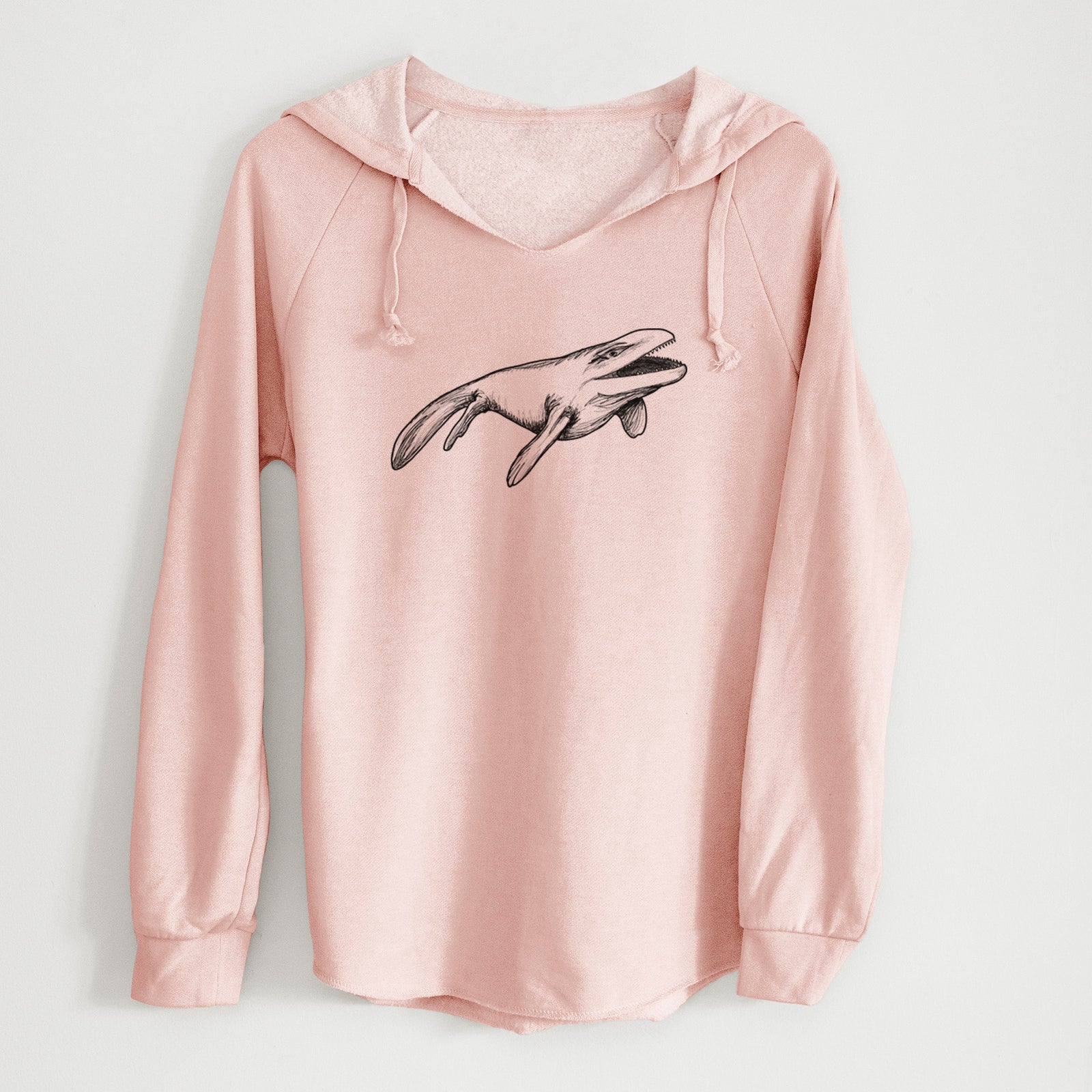 Sage green women's Cali Wave hooded sweatshirt laid flat, printed with a black ink illustration of a Mosasaur swimming.