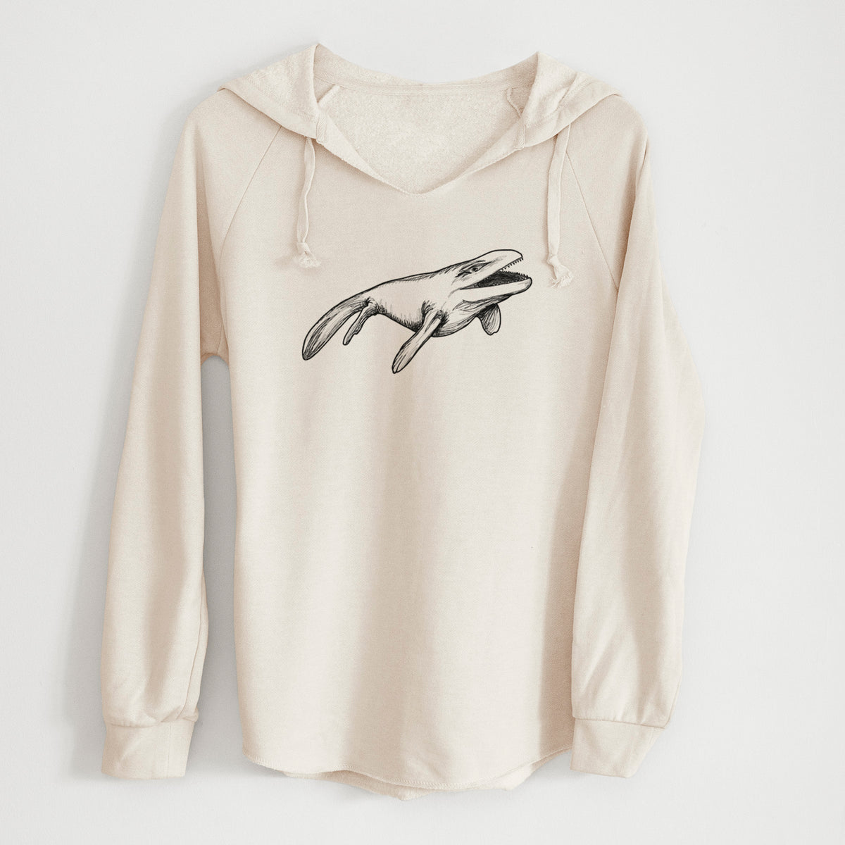 Bone cream women's Cali Wave hooded sweatshirt laid flat, printed with a black ink illustration of a Mosasaur swimming.
