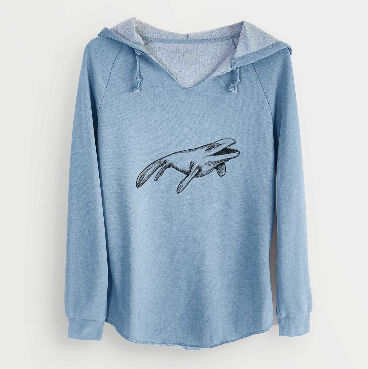 Misty blue women's Cali Wave hooded sweatshirt laid flat, printed with a black ink illustration of a Mosasaur swimming.