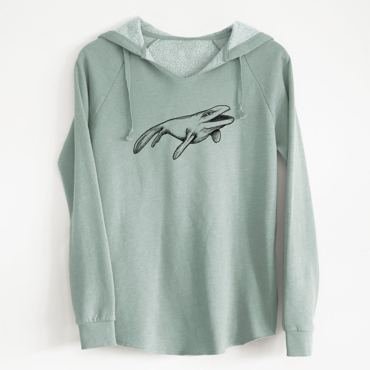 Sage green women's Cali Wave hooded sweatshirt laid flat, printed with a black ink illustration of a Mosasaur swimming.
