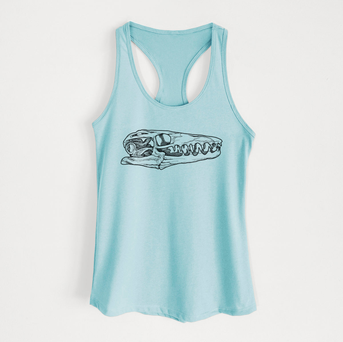Cancun blue women's racerback tank top laid flat, printed with a detailed black ink illustration of a Mosasaur skull.
