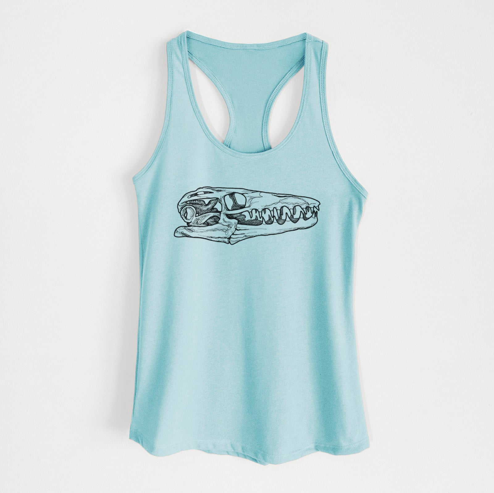 Banana cream women's racerback tank top laid flat, printed with a detailed black ink illustration of a Mosasaur skull.