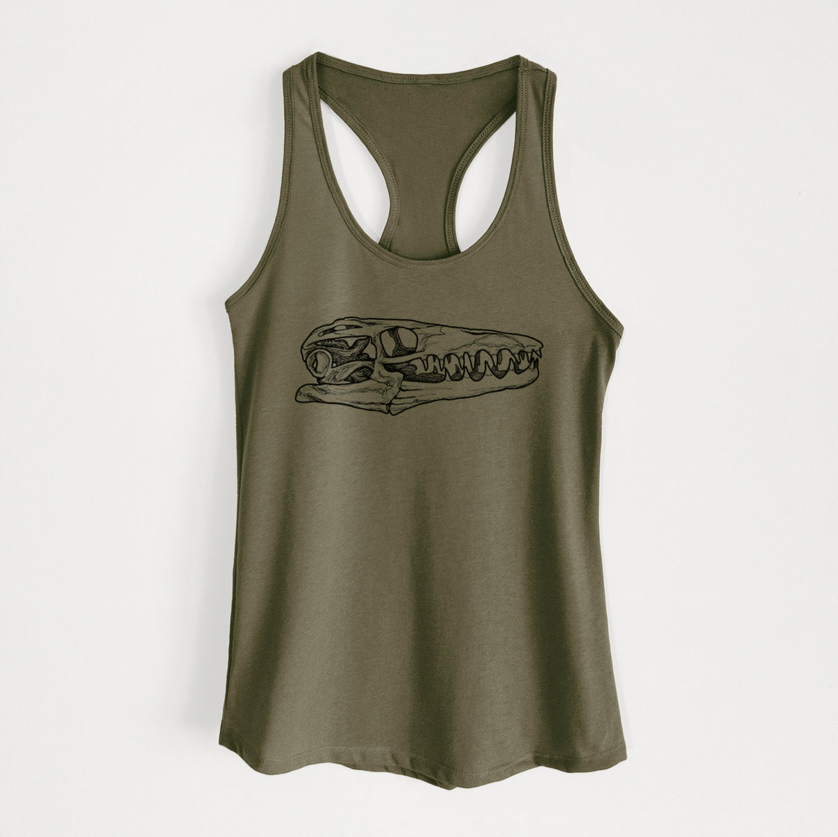 Military green women's racerback tank top laid flat, printed with a detailed black ink illustration of a Mosasaur skull.