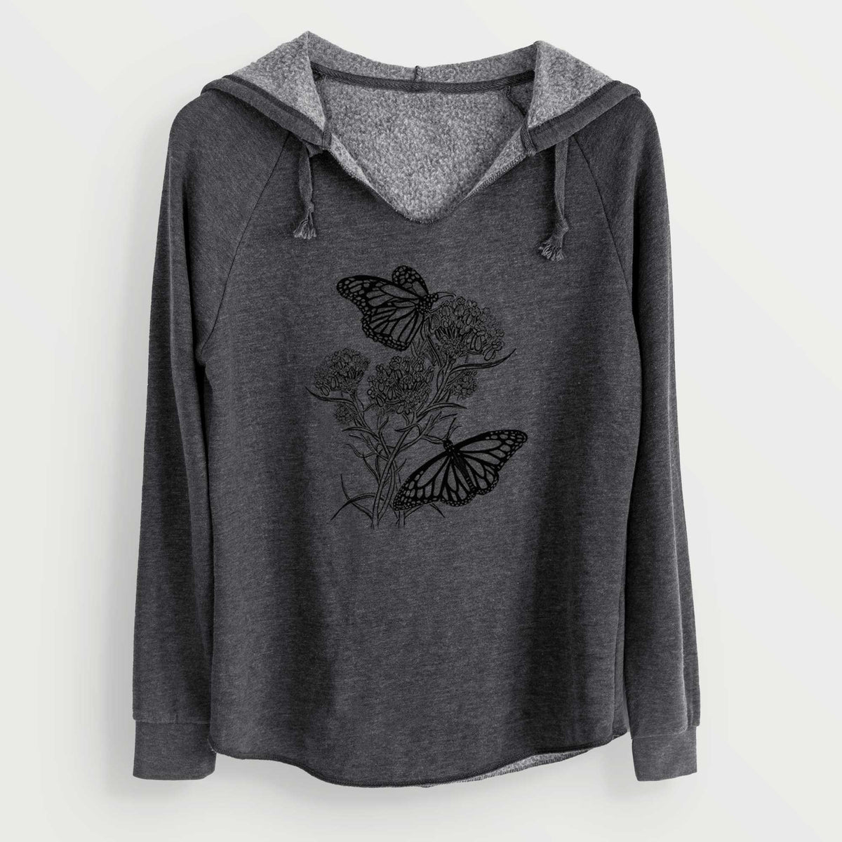 Charcoal grey women's Cali Wave hooded sweatshirt laid flat, printed with a black ink illustration of two monarch butterflies on flowering milkweed.