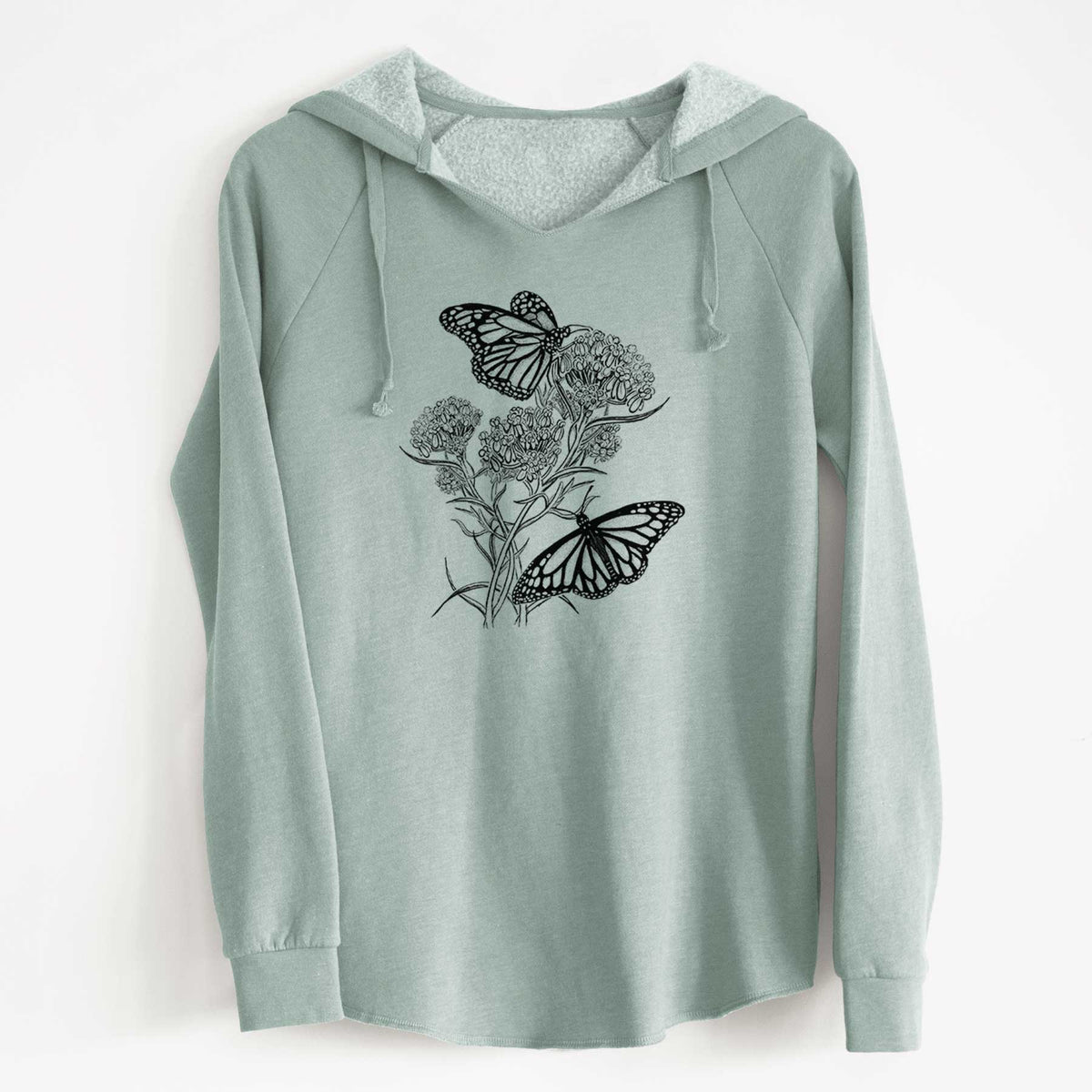 Sage green women's Cali Wave hooded sweatshirt laid flat, printed with a black ink illustration of two monarch butterflies on flowering milkweed.