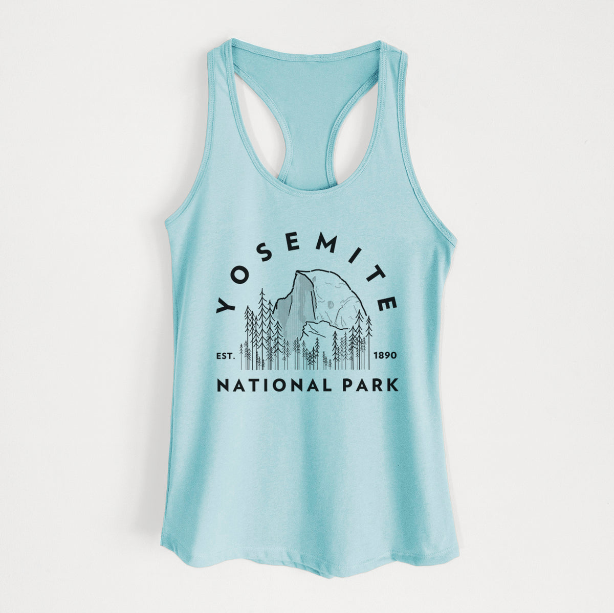 Cancun blue women's racerback tank top laid flat, printed with a round badge of Half Dome and pine trees, with the words Yosemite National Park, Est. 1890.