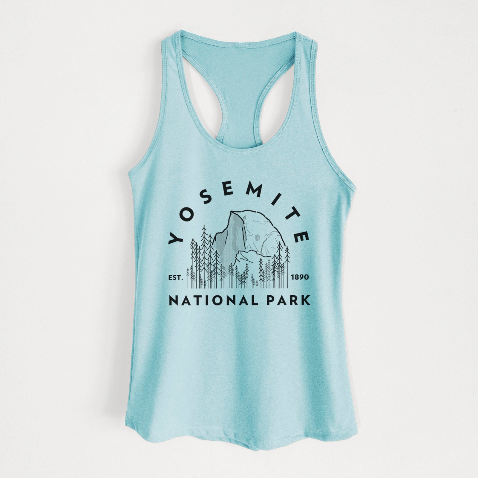 Banana cream women's racerback tank top laid flat, printed with a round badge of Half Dome and pine trees, with the words Yosemite National Park, Est. 1890.