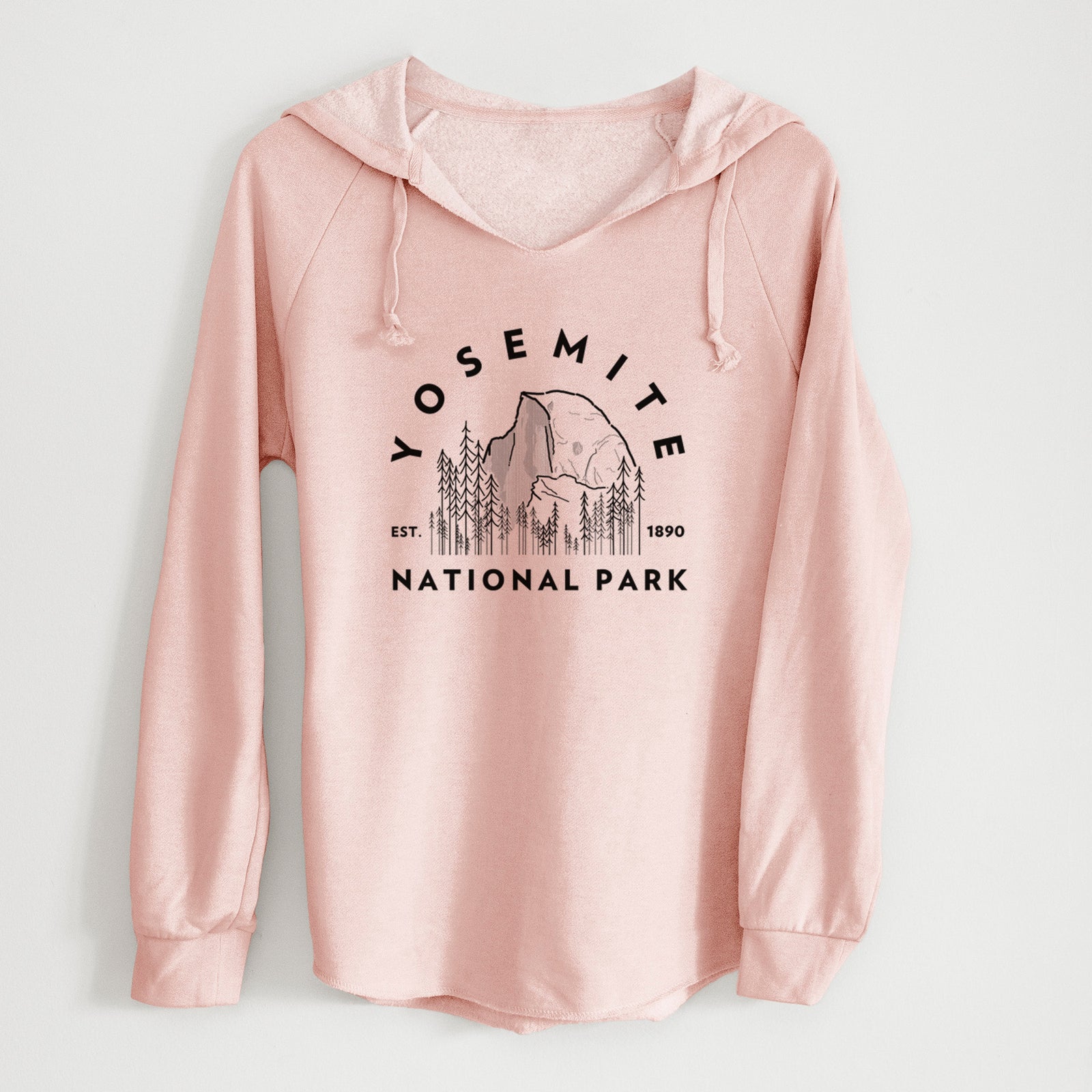 Sage green women's Cali Wave hooded sweatshirt laid flat, printed with a round badge of Half Dome and pine trees, with the words Yosemite National Park, Est. 1890.